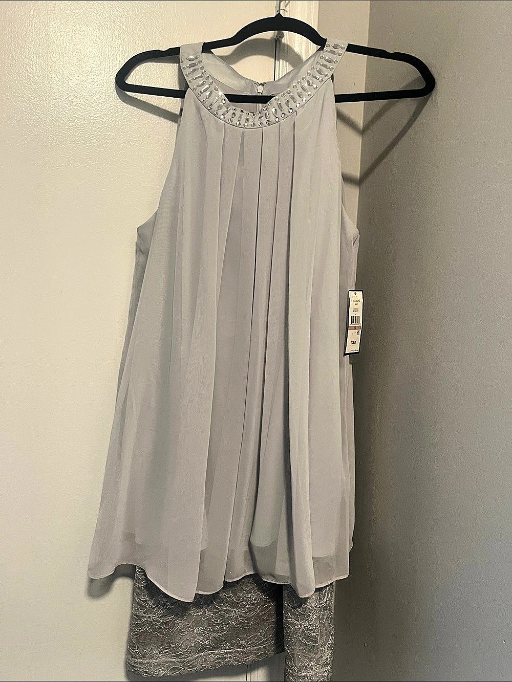 J Howard Silver Chiffon Lace Rhinestone Halter Cocktail Dress Size 12
